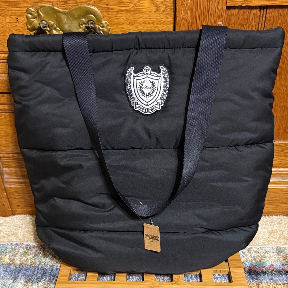 PINK Victoria's Secret Black Quilted Tote with Navy Ribbon Straps